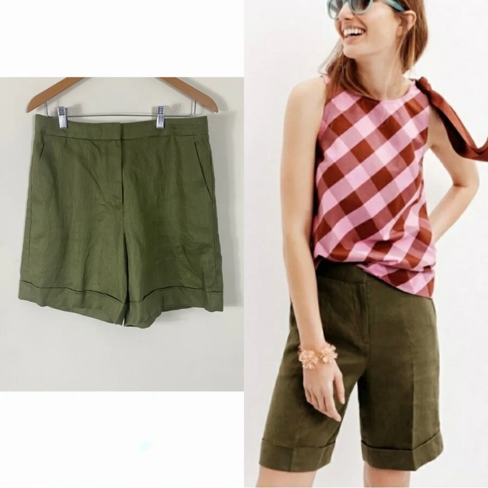 J. CREW Cuffed Linen Bermuda Shorts Olive Green - 4
